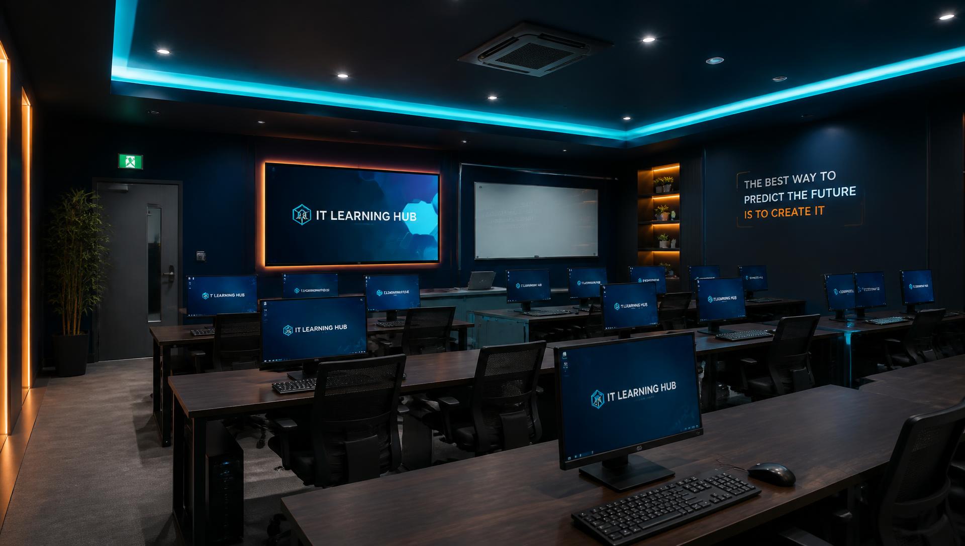 Modern IT training classroom with rows of monitors