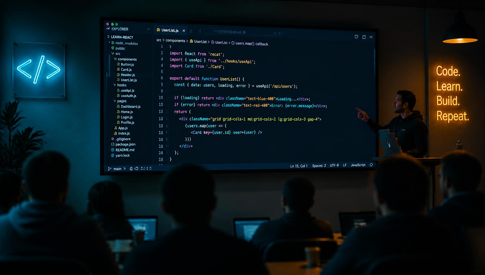 Large wall display showing source code during a live class